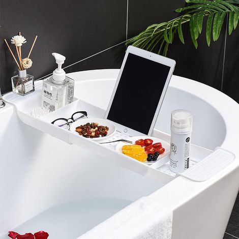 Ensemble d'accessoires de salle de bain, plateau de bain extensible, étagère de rangement antidérapante, organisateur de bain multifonctionnel pour boissons et accessoires de bain (blanc) (1/5)