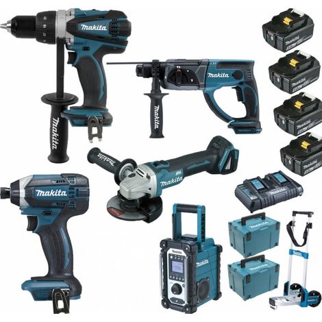 Pack Makita Pro 18V 5Ah: Perceuse 91Nm DDF458 + Meuleuse 125mm DGA504 + Perforateur 2J DHR202 + Visseuse à chocs 165Nm DTD152 + (1/5)