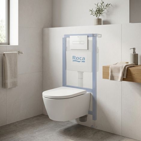 Pack WC con bastidor Roca + WC suspendido sin brida Swiss Aqua Technologies con tapa SoftClose + placa (ROSTBRWR04-IN)