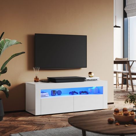 SONNI TV Schrank mit LED Beleuchtung Hochglanz Lowboard Weiß,Eine offene Ablage und 2 Schranktüren,120x40x45cm (1/5)