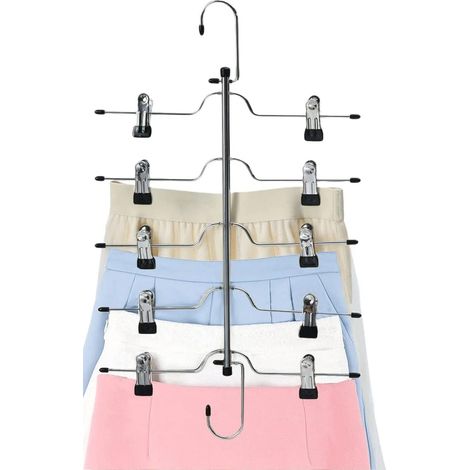 Cintre à jupes gain de place à 5 niveaux en métal avec pinces, cintres robustes et durables pour pantalons, jeans, pantalons et shorts. Organisateur de placard idéal pour vos vêtements. (1/5)
