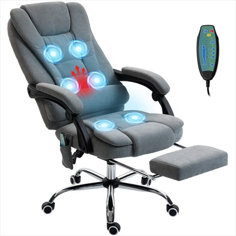 Fauteuil massant chauffant en tissu aspect lin gris foncé avec repose-pieds réglable, hauteur et dossier inclinables, pour bureau (1/5)