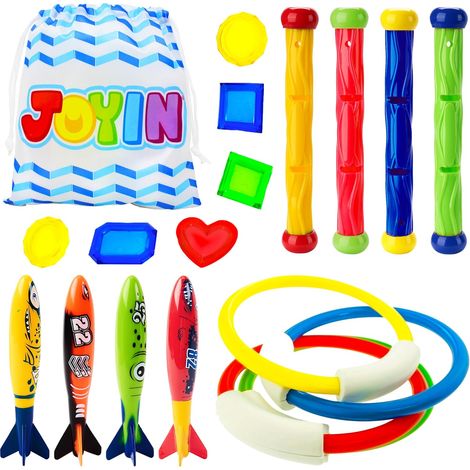 18 Pcs Jouets de Plongée Jouets de Natation Piscine Jeux de Piscine Jouet Anneaux Plongée sous-Marine Bâtons de Plongée et Bandits de Toypedo avec Bundle Cadeau Trésors de l'eau (1/5)