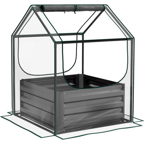 Carré potager de jardin avec mini serre - Outsunny - acier galvanisé - pour jardin, balcon, terrasse - 70 x 70 x 90 cm - gris foncé
