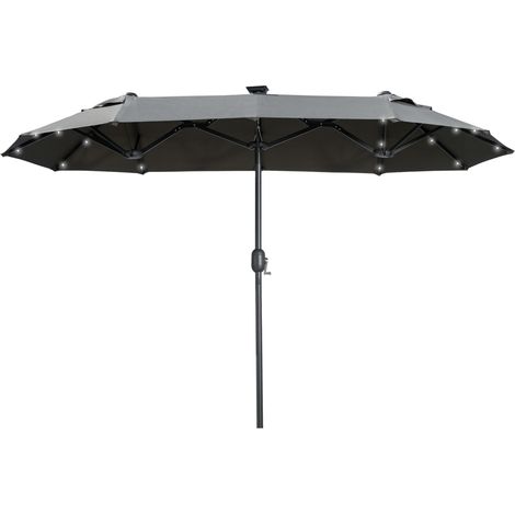Parasol droit double ovale 2,95x2,19m – Acier résistant au vent – Toile polyester imperméable – LED solaire intégrées – Inclinaison modulable pour terrasse et piscine – Gris foncé (1/5)