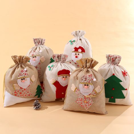 6-Piece Christmas Gift Bags in Kraft Paper, Cotton and Linen, Christmas Bag, Paper Gift Bag, Advent Calendar Bag, Refillable Packaging, Novel, Annual Party, Candy, Cookies, Chocolate (1/4)