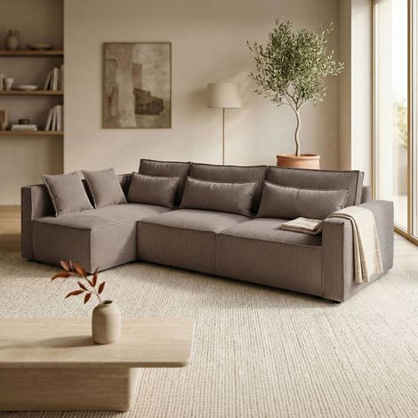Canapé d'angle à gauche 294x140x88 cm en velours côtelé taupe (1/5)