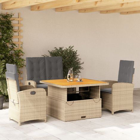 Set de comedor jardín con cojines 4 pzas ratán sintético beige