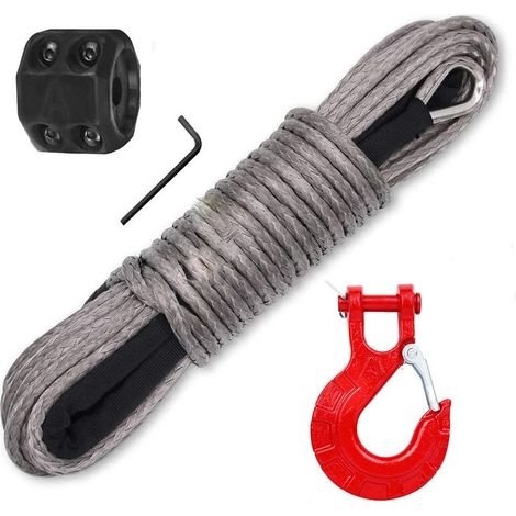Corde de treuil de voiture avec crochet et butée, antirouille, imperméable, résistante aux UV, matériau PE/acier inoxydable, gris/rouge (1/4)
