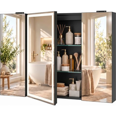 HOMCOM armario de baño con espejo de LED, toma de corriente, de pared, 3 puertas, antivaho, estantes ajustables de vidrio templado, 100x13x70cm, negro (1/5)