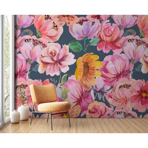 Papier peint fleuri - bouquet multicolore aquarelle - 400 x 260 cm (1/2)