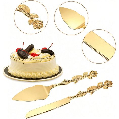 Lot de 2 pièces de couteau à gâteau et spatule, manche style luxe en forme de rose, pour mariage, anniversaire ou fête, pour couper gâteaux et pizzas, outils de pâtisserie (1/5)