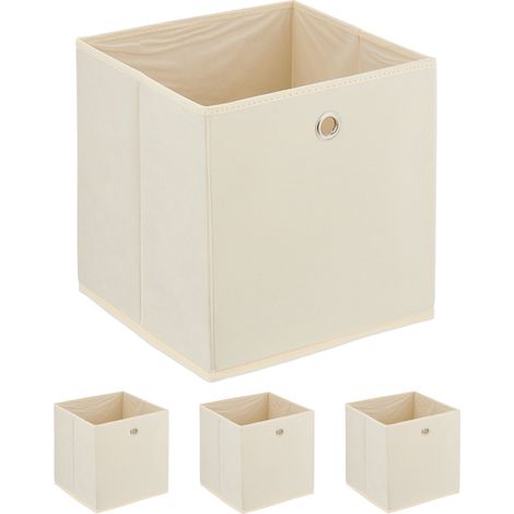 Relaxdays Cajas Almacenaje con Asas redondas de Acero, Set de 4, Plegables, 30 x 30 x 30 cm, Cajones Tela, Cestos, Crema