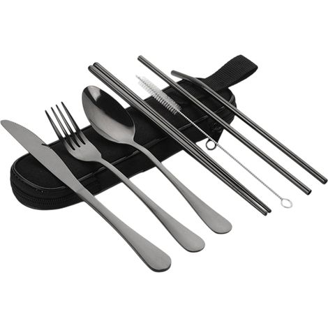 1 Set couverts voyage,Acier inoxydable 18/0,Finition PVD noire,Couteau fourchette cuillère baguettes,Pique-nique camping bureau (1/5)
