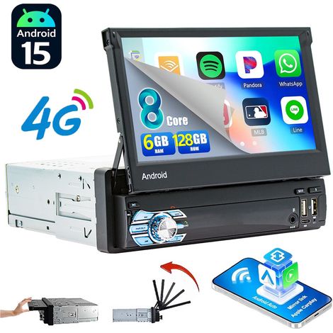 Autoradio Android 15 1 DIN 6Go+128Go 8-Cœurs - Apple CarPlay, 4G, GPS, Bluetooth, Radio RDS - 6+128G