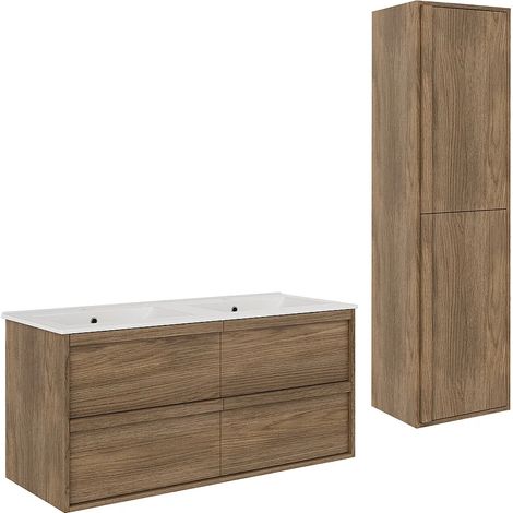 Mobile da bagno sospeso con lavabo da incasso e colonna - Naturale scuro - 120 cm - UBRILA (1/5)