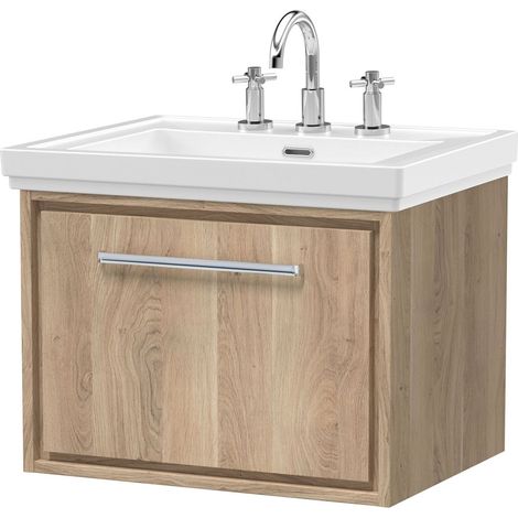Longnor 1 Drawer Wall Hung Vanity Unit with 3 Tap Hole Traditional Fireclay Basin, Light Oak, 600mm