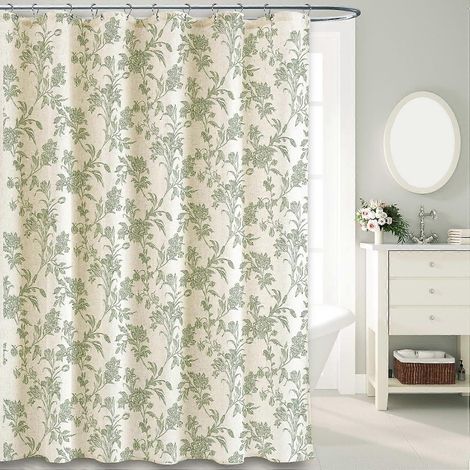 Rideau de douche vert sauge à motif floral en coton et lin, style cottagecore, pour salle de bain, 183 cm de large x 183 cm de long. (1/5)