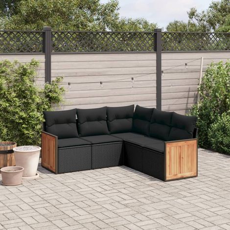 Ensemble Canapé Jardin Modulaire 6 Places Gris  Résine Tressée (PE) et Bois d'Acacia  5 Fauteuils + Table Basse 55x55 cm (1/5)