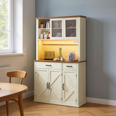 Meuble de Rangement avec Lumières et Chargeur, avec Portes et Tiroirs, Étagères Réglables, Blanc et Marron (1/5)