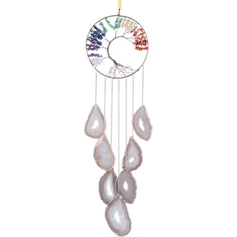 Carillon éolien Arbre de Vie avec 7 cristaux de guérison de chakras et disques d'agate, fait à la main