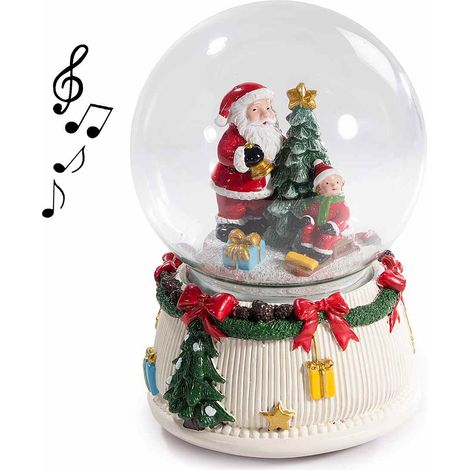 Sfere a neve con carillon in resina con Babbo Natale, bimbo e albero con base decorata in rilievo, set da 2 pezzi, Ø 10 cm x 13,5 H
