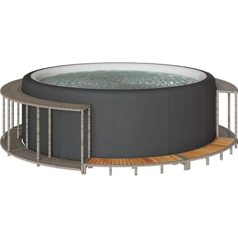 Whirlpool-Umrandung mit Stauraum Holztreppe Grau Poly Rattan