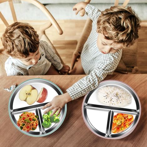 Kinderteller aus Edelstahl – Unterteilter Teller mit drei Fächern Antihaftbeschichtetes Metallbesteck, tragbarer Lunchteller mit Fächern für Gemüse, Obst, Snacks und Mahlzeiten – Teller + Gabel und L