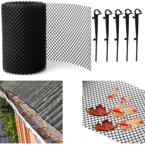 Grillage de Protection pour chéneaux et gouttière, 6 m x 15 cm Filet de vidange avec 10 Crochets de Fixation, Protection de gouttière en Maille Noir - Peut être coupé sur Mesure et résistant (1/4)