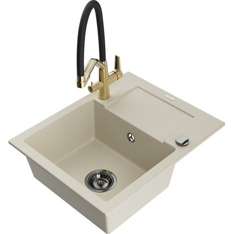 Mexen Enzo 1 Becken-Granitspüle mit Abtropffläche und Mischbatterie Duo, Beige - 6506-69-671701-57-B (1/5)