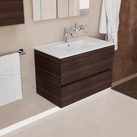 Inda - Badezimmerschrank 80 cm breiter „Onice“ in Lärchenbraun mit 2 Schubladen und Keramikwaschbecken (1/4)