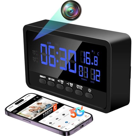 Caméra Espion WiFi, Mini Camera Cachée Réveil sans Fil HD 1080P, 120° Mciro Caméra de Surveillance a Distance Discrete avec Vision Nocturne Détection de Mouvement APP (1/5)