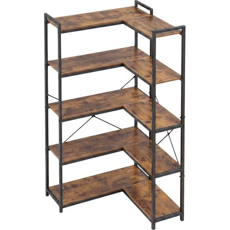 Levede Corner Bookcase 5-Tier L-Shaped Bookshelf Space-Saving Spice Walnut Black Metal (1/5)