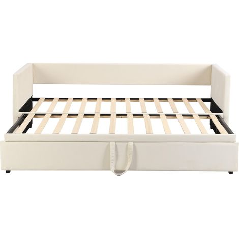 Tanant – Lit gigogne 90/180x200cm – Canapé-lit capitonné extensible – Velours beige – Structure durable – Pour petits espaces – Confort optimal
