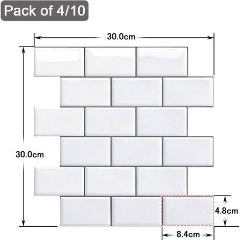 Crédence autocollante pour cuisine et salle de bain, carrelage mural autocollant, crédence de cuisine blanche autocollante, carrelage mural imperméable autocollant en PVC 3D style métro, lot de 4 (noi