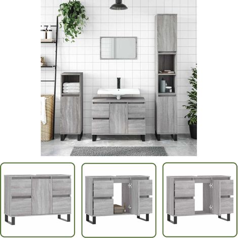 The Living Store Armoire salle de bain sonoma gris 80x33x60 cm bois d'ingénierie - Meuble De Salle De Bain - Armoire Salle De Bain - Rangement Salle De Bain - Armoire Grise - Meuble Design (1/5)