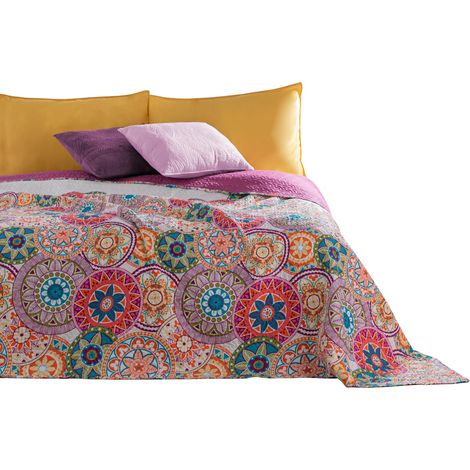 DecoKing Copriletto Reversibile Trapuntato Mandala Motivo Indiano Orientale Porpora Fucsia Bianco Arancione Rosso Verde Bibi, 220x240 cm (1/4)