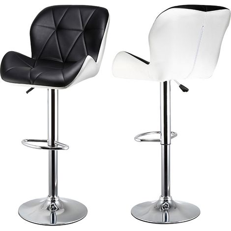 lot de 2 Tabourets de bar, , Chaises hautes, hauteur réglable, revêtement en PU, pivotant sur 360°, avec dossier et repose-pieds, piètement chromé, Noir et blanc (1/5)
