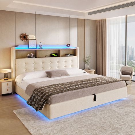 Letto contenitore 180x200 con LED, vano idraulico, USB e Type-C, beige DESVIAE (1/5)