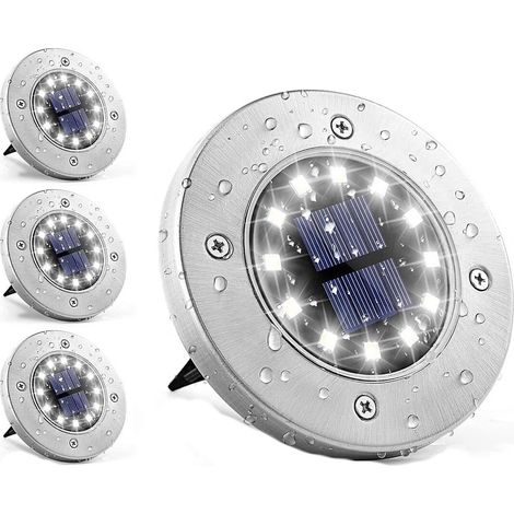 Lumière Solaire Extérieur 12 LEDs 4 pièces Lampe Solaires au Sol Lampes de Jardin Blanches Acier inoxydable étanche pour l'extérieur, jardin, terrasse, pelouse, cour, passerelle [Classe énergétique A+ (1/5)