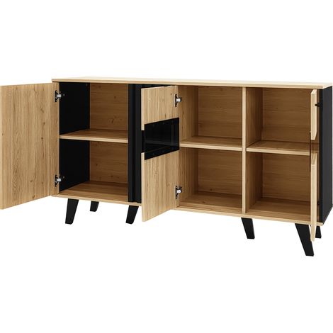 Credenza 140 x 78,5 x 41 cm in truciolato effetto legno e nero con 3 ante e vetro LED (1/5)