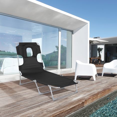 Transat de jardin Outsunny inclinable et pliable avec trou de lecture, appui-tête et dossier réglables sur 5 niveaux, idéal pour la plage, 182 x 56 x 28 cm, noir