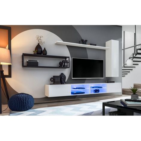 Ensemble meuble TV mural Switch Met IV - L 300 x P 40 x H 170 cm - Blanc - Livraison gratuite