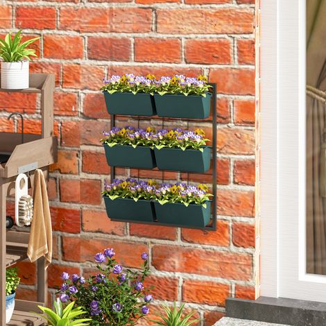 Jardin vertical à trois niveaux avec 6 pots en acier et plastique. 52 x 14 x 66 cm. Vert foncé.