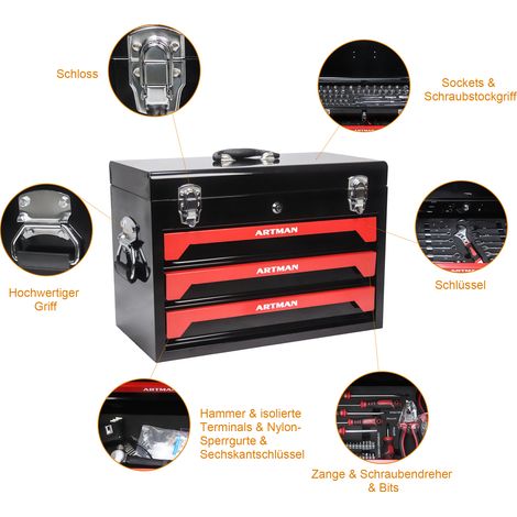 Coffre de rangement mobile 3 tiroirs, 4 niveaux, outillage métallique, bac supérieur et accessoires. Parfait pour garage, appartement ou établi, rouge et noir