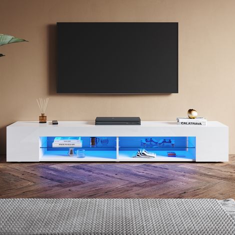 SONNI Hochglanz TV Schrank mit Verstellbaren LED-Lichtern, Offenes Glasregal, Ideal für Wohnzimmer und Schlafzimmer, Weiß, 1800 x 390 x 300 mm (1/5)