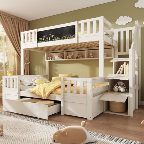 Letto a castello in legno e metallo bianco 90x200 / 140x200 cm con lavagna, cassetti e scala contenitore (1/5)