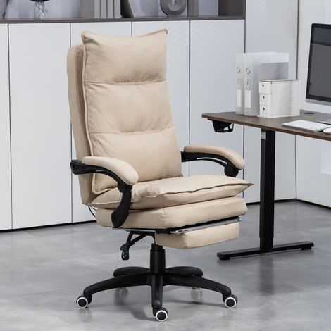 Poltrona da ufficio massaggiante beige con altezza regolabile, schienale reclinabile, poggiapiedi integrato e telecomando a filo.