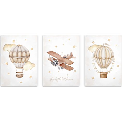 Ensemble d'affiches pour chambre d'enfant. Avion, Montgolfière, images d'enfants, BEIGE, 50x70 (1/5)