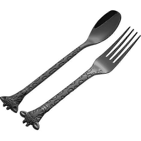 Ensemble de 2 cuillères et fourchettes à dessert en acier inoxydable, cuillère à mélanger, fourchettes à gâteaux à motifs de dessins animés, pour la maison et le restaurant, noir FNA (1/2)